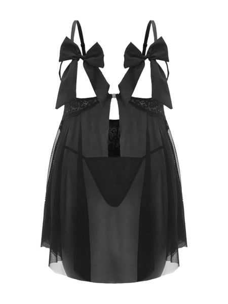 

plus contrast lace bow front cut out slips with thong x44e#, Black;white
