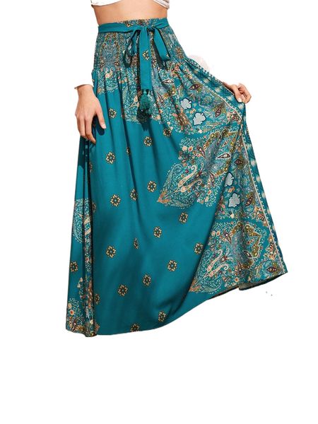 

floral print shirred waist belted skirt s5cc#, Black