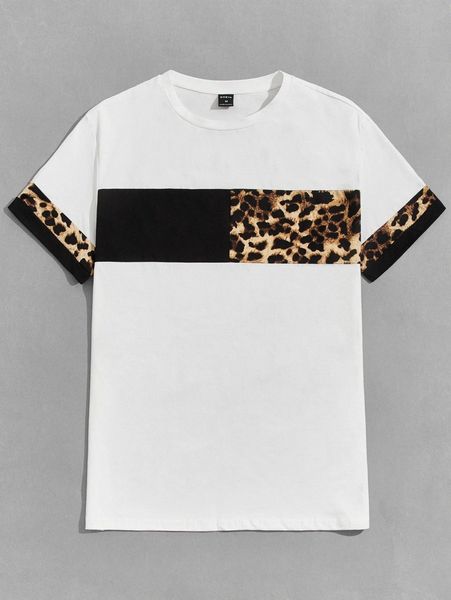 

men leopard print colorblock tee 29gz#, White;black