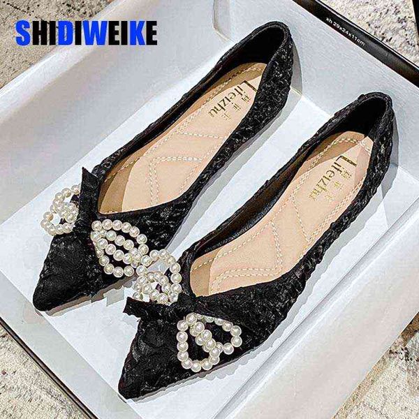 

glitter bow flats women spring summer large size 43 shoes female sequins beaded ballerina loafers women lace bowknot moccasins 220519, Black