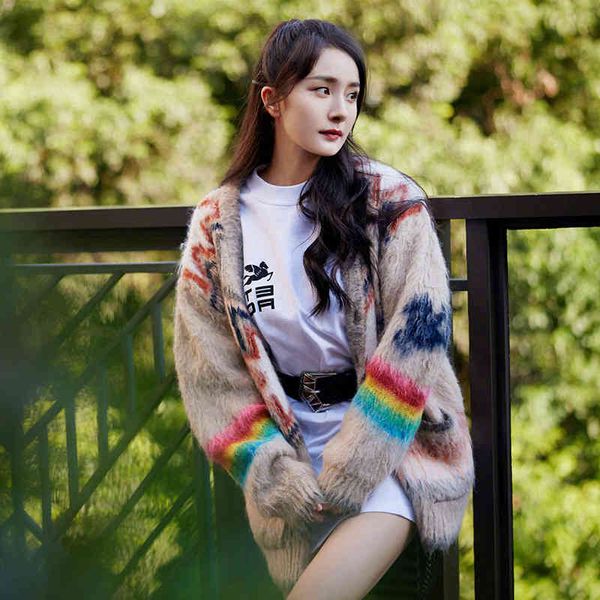 

women's knits & tees yang mi's same cardigan sweater alpaca wool multi angle star rainbow stripe soft waxy medium long coat knitte, White