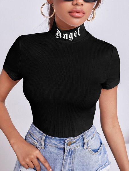 

letter graphic mock neck rib knit tee v6tn#, White