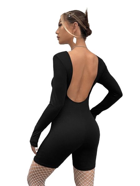 

solid backless unitard romper without belt 298v#, Black;white