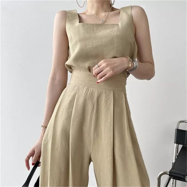 

korean summer 2 two piece set women outfits tank and high waist loose wide leg long pant suits casual ensemble femme 220712, White