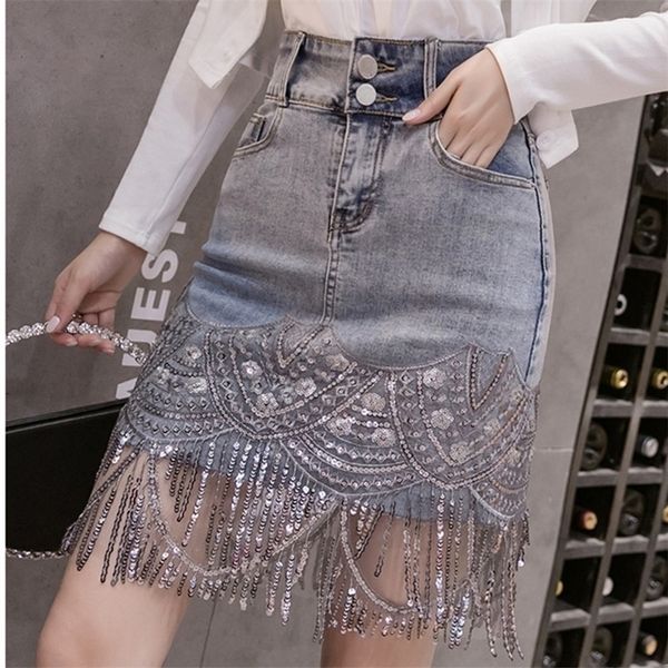 

pantalones cortos mujer summer streetwear shorts women handstudded diamond tassels chain light blue denim shorts 210311, Black