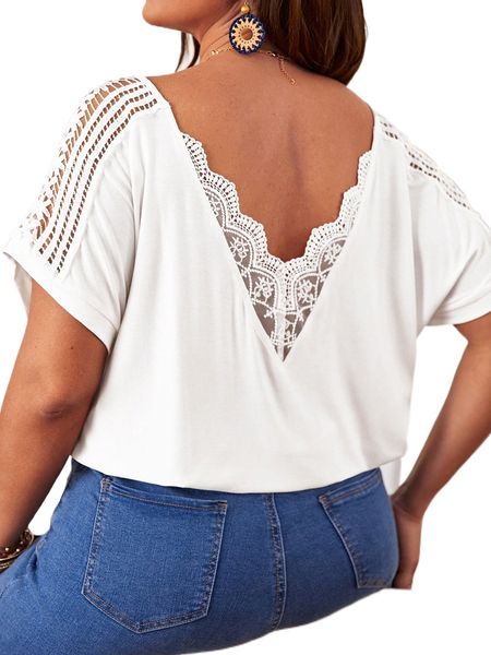 

plus contrast guipure lace hollow out batwing sleeve tee 12ne#, Black