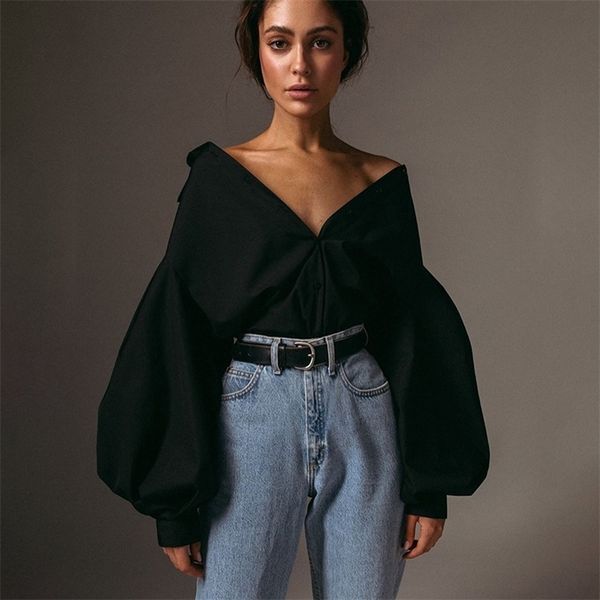 

autumn new women blouses lantern sleeves lapel streetwear fashion casual wild loose slim button simple solid shirt t200322, White