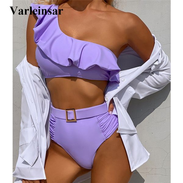 

one shoulder ruffled female swimsuit high waist bikini women swimwear two-pieces bikini set belt bather bathing suit swim v2866, White;black