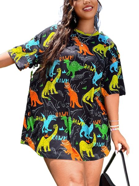 

plus letter & dinosaur print drop shoulder tee e86k#, Black