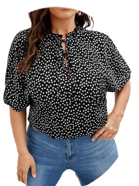 

plus ditsy floral tie neck puff sleeve blouse n61v#, Black