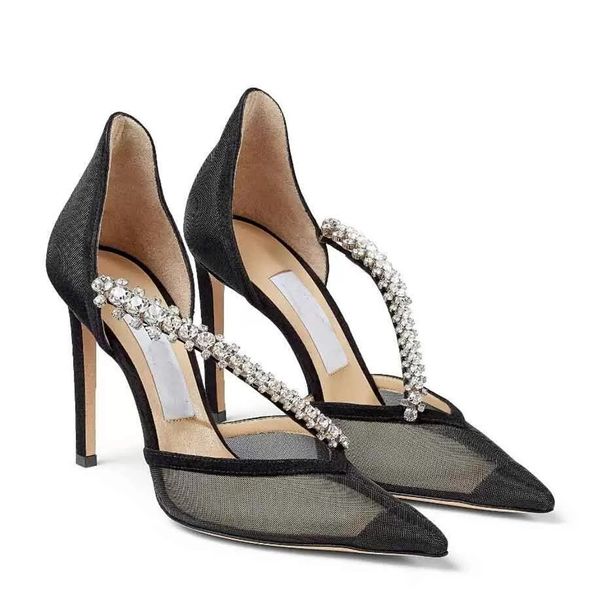 

luxury design bee embellished sandal ankle crystal chian strap pointed toe high heels summer dress party wedding sandalias eu35-43, Black