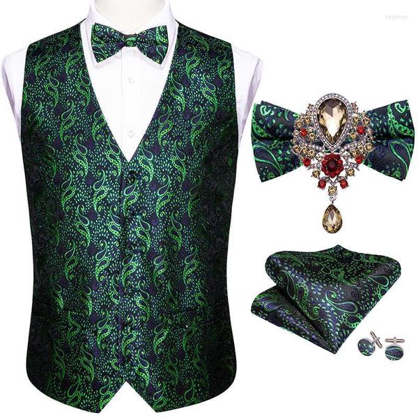 Gilet da uomo Designer Abito da sposa da uomo Gilet Classico verde Paisley Jacquard Gilet di seta Folral Spille a farfalla Set Barry.WangMen's