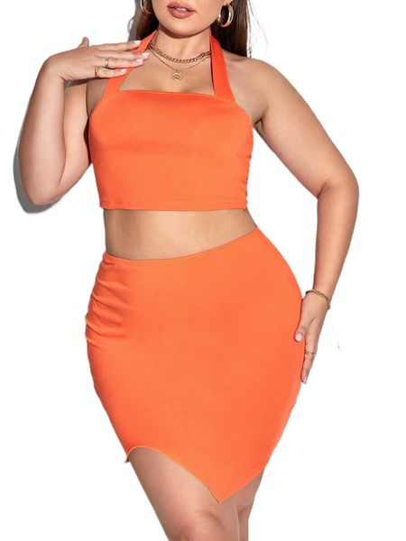 

plus halter & split hem bodycon skirt 97jt#, Black