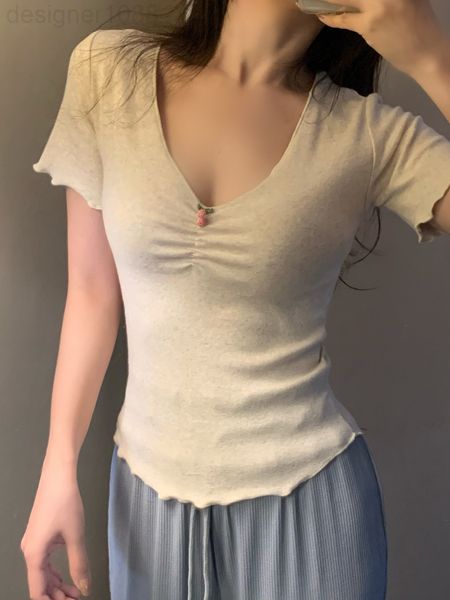 

women's t-shirt designer 22 spring and summer new niche design slim soft waxy skin friendly v-neck t-shirt with short sleeve 178m, White