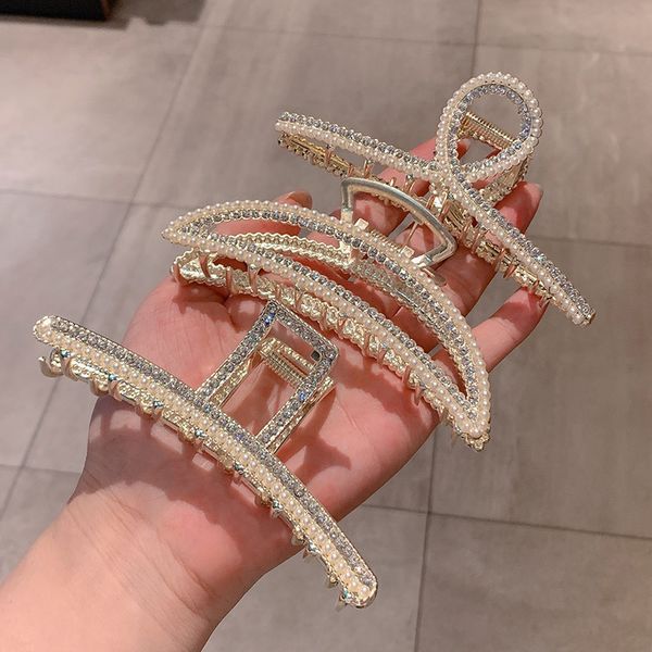 

new metal clip rhinestone pearl hairpin female korean hair pins accessories fairy large shark back of head pan hairs clip, Black;brown