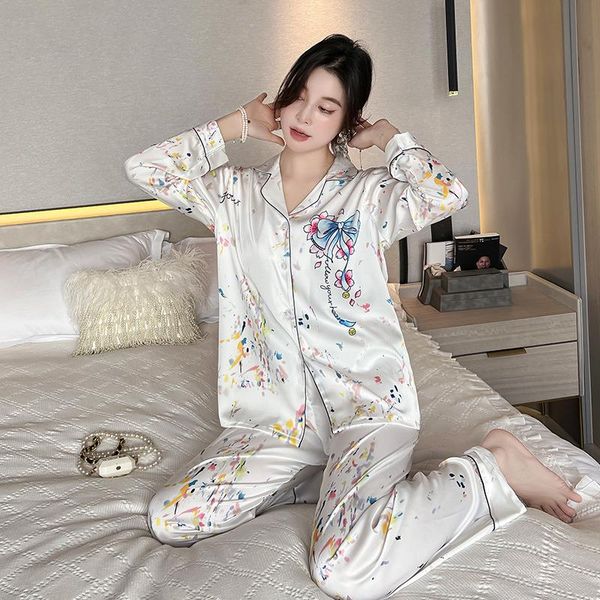 

spring long sleeved cardigan womens sleepwear women pajama set printed fashion, Black;red