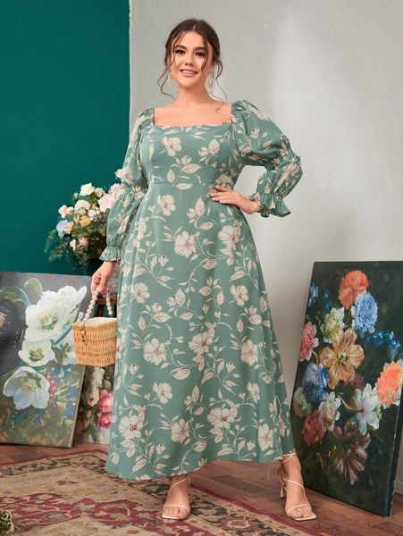 

plus floral print flounce sleeve dress l2vu#, Black