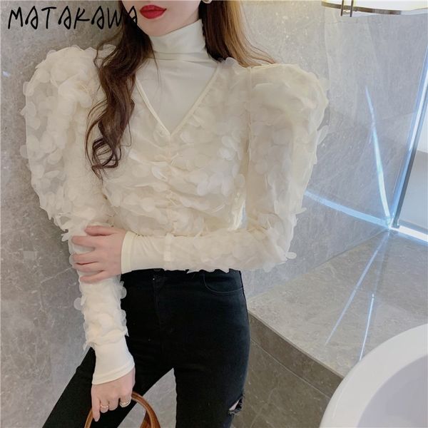 

bottoming shirt for women sweet petals net yarn vneck blusas lace puff sleeve blouses long two piece set 210506, White