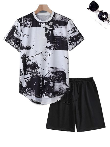 

men tie dye high low hem tee & drawstring waist shorts f4iq#, Gray