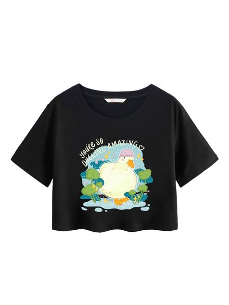 

romwe x eggmart duck print crop tee c2xb#, White