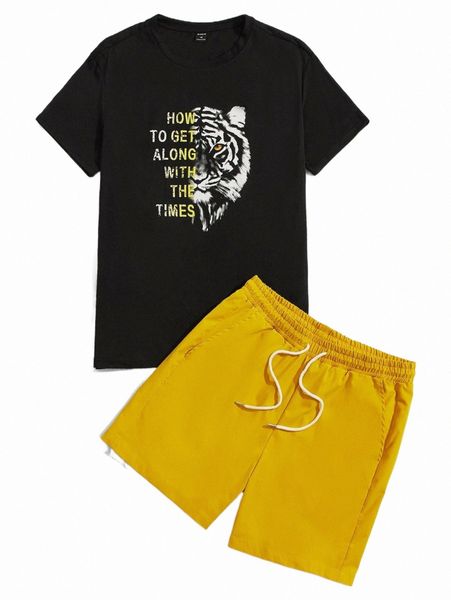 

men slogan & tiger print tee & drawstring shorts q2jh#, Gray