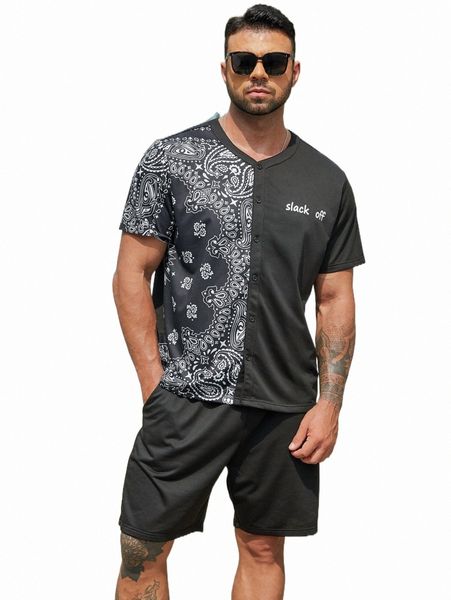 

extended sizes men paisley & letter graphic tee & shorts u8kp#, Gray