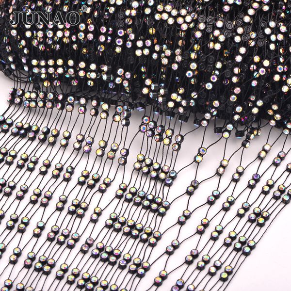 

junao 1meter black ab sparkle rhinestones mesh hollow crystal diamond trim sewing stretch strass ribbon for party dress craft, White