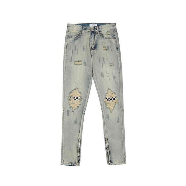 

gaojie chaopai chessboard patch replenishment washing used jeans micro horn zipper casual pants, Blue