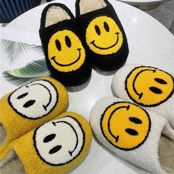 

2021 new style arrive smiley face slippers winter womens fluffy fur smile decoration cotton flats shoes indoor happy slipper 21082290z, Black