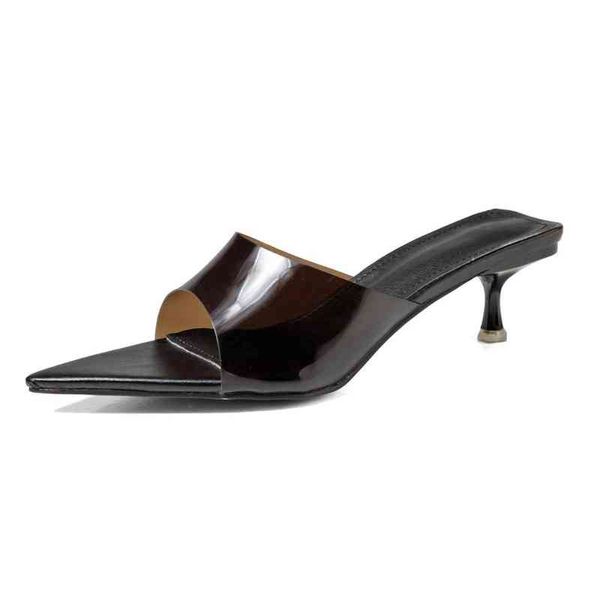 Slippers Ladies Sandals de salto fino de moda alta PVC Cat Upper Wear Sapatos femininos grandes Flip para mulheres 220606