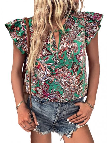 

paisley print notched neck blouse c6kb#, White