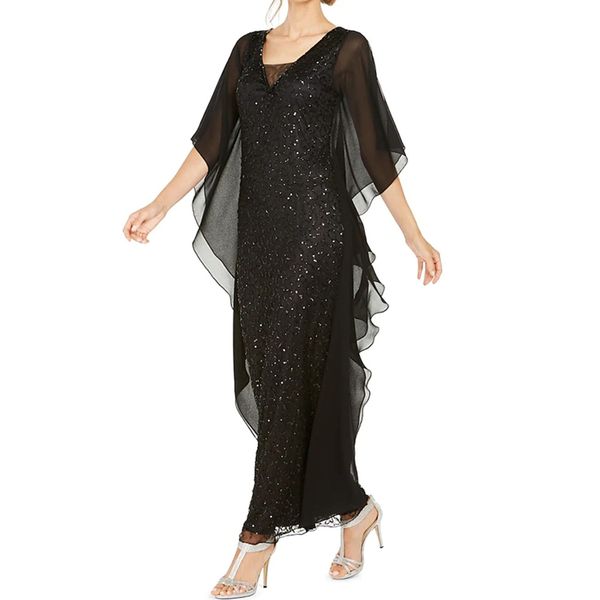 Abiti per la madre della sposa con paillettes neri Abito da ballo in chiffon alla caviglia con mezza manica con scollo a V Guaina vestidos de boda invitada