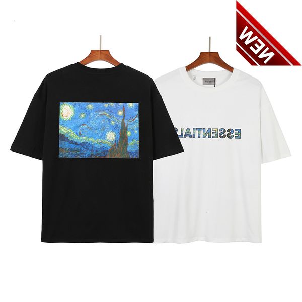 

feel of god fog essentials double line chao brand high street loose van gogh graffiti short sleeve t-shirt, White;black