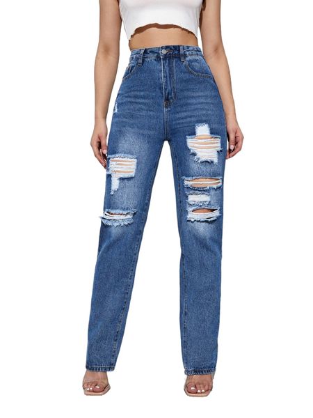 

high waist ripped jeans a7ke#, Blue