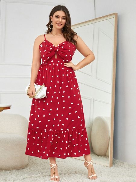 

plus heart print knot front cut out ruffle hem cami dress b4wv#, Black