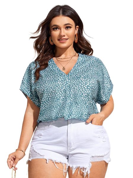 

plus allover print batwing sleeve blouse h0n7#, Black