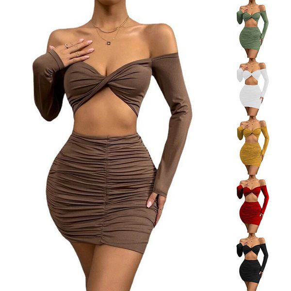 

women's two piece sets dress 2022 european and american summer new women's solid color navel long-sleeved pleated hip skirt suit, White