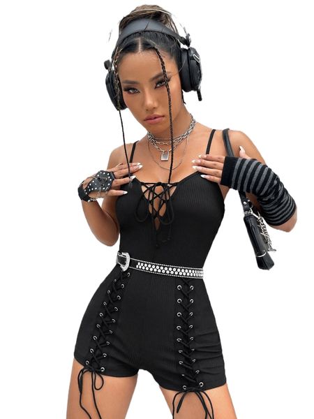 

grommet lace up front cami unitard romper without belt w4ql#, Black;white