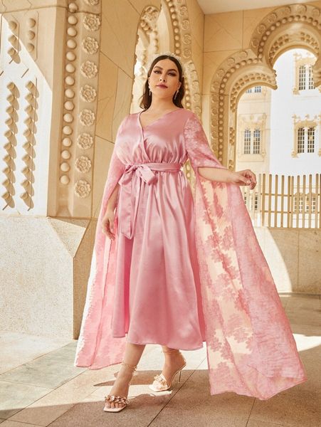 

plus floral jacquard split sleeve belted satin dress x0kt#, Black