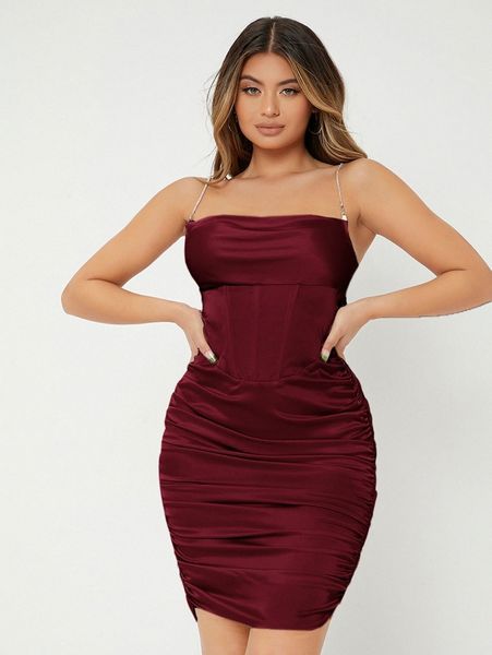 

sxy rhinestone spaghetti strap bodycon satin dress 46ul#, Black;gray