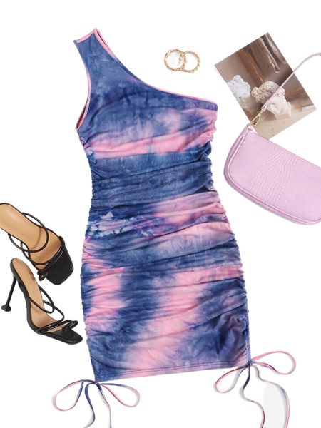 

one shoulder drawstring knot ruched tie dye dress o0gb#, Black;gray