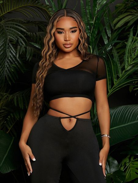 

sxy contrast mesh rib-knit crop tee g2sr#, White