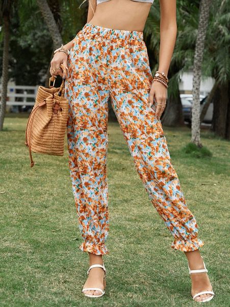 

allover floral print ruffle hem pants o5x7#, Black;white