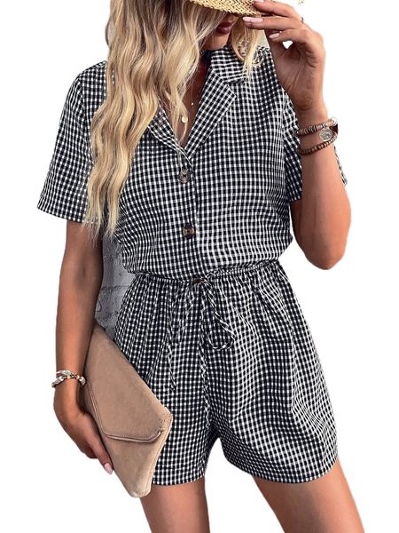

gingham lapel neck button front romper g4rv#, Black;white