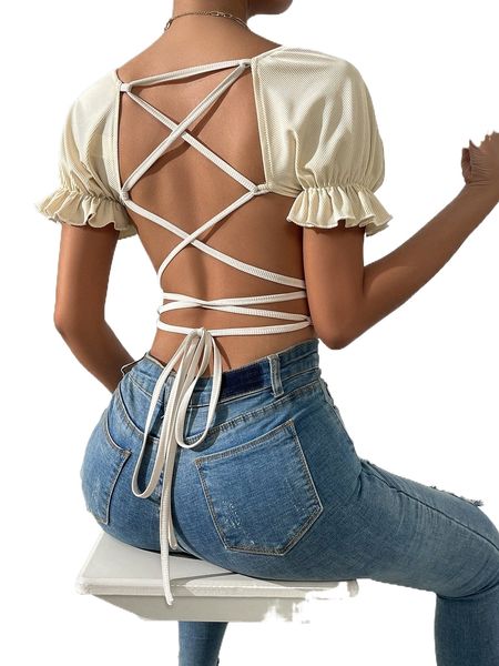 

lace up backless ruffle trim crop tee h613#, White