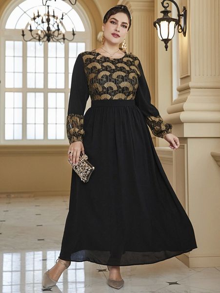 

plus random fan print lantern sleeve maxi dress i8hv#, Black
