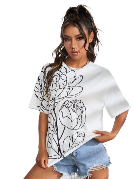 

x ricci gertz floral print drop shoulder tee 59xz#, White