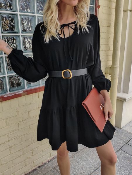 

solid tie neck lantern sleeve smock dress without belt x4s8#, Black;gray