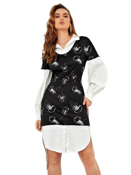 

x karen applegate jellyfish print bishop sleeve high low curved hem 2 in 1 dress x5ib#, Black;gray