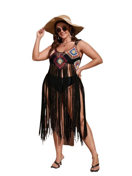 

plus fringe crochet cover up w9bq#, Black